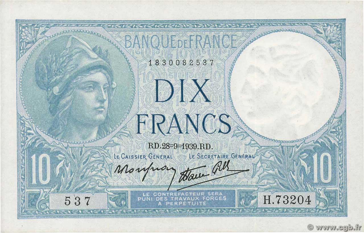 10 Francs MINERVE modifié FRANCIA  1939 F.07.09 AU