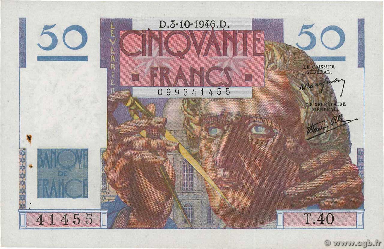 50 Francs LE VERRIER FRANCIA  1946 F.20.06 q.SPL