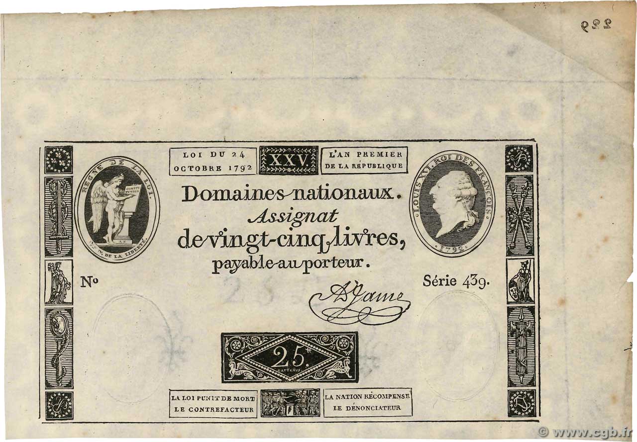 25 Livres FRANCE  1792 Ass.37a VF