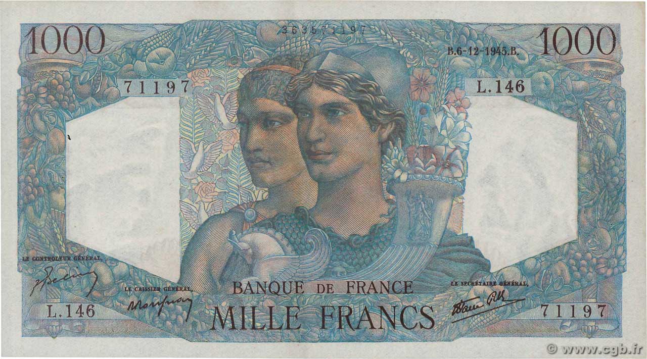 1000 Francs MINERVE ET HERCULE FRANCE  1945 F.41.09 XF-