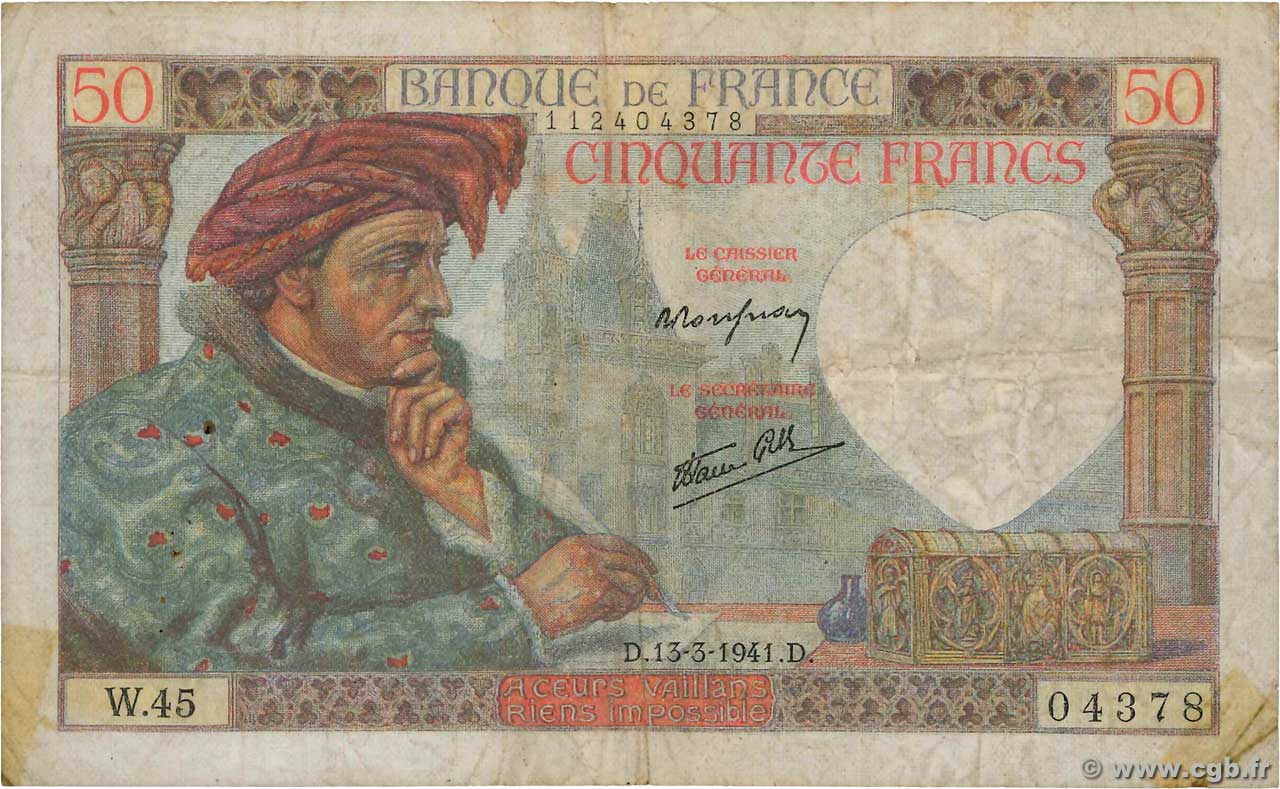 50 Francs JACQUES CŒUR FRANCE  1941 F.19.07 G