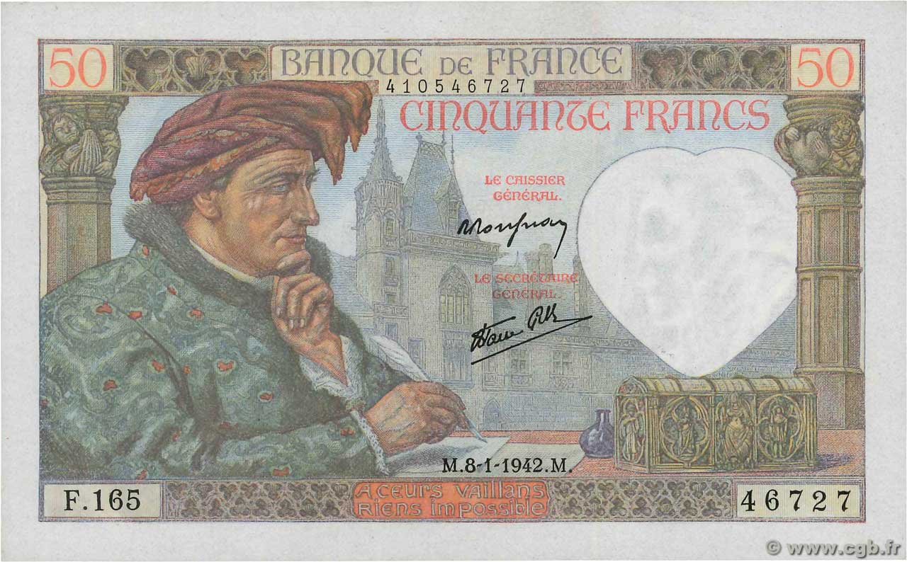 50 Francs JACQUES CŒUR FRANCE  1942 F.19.18 AU