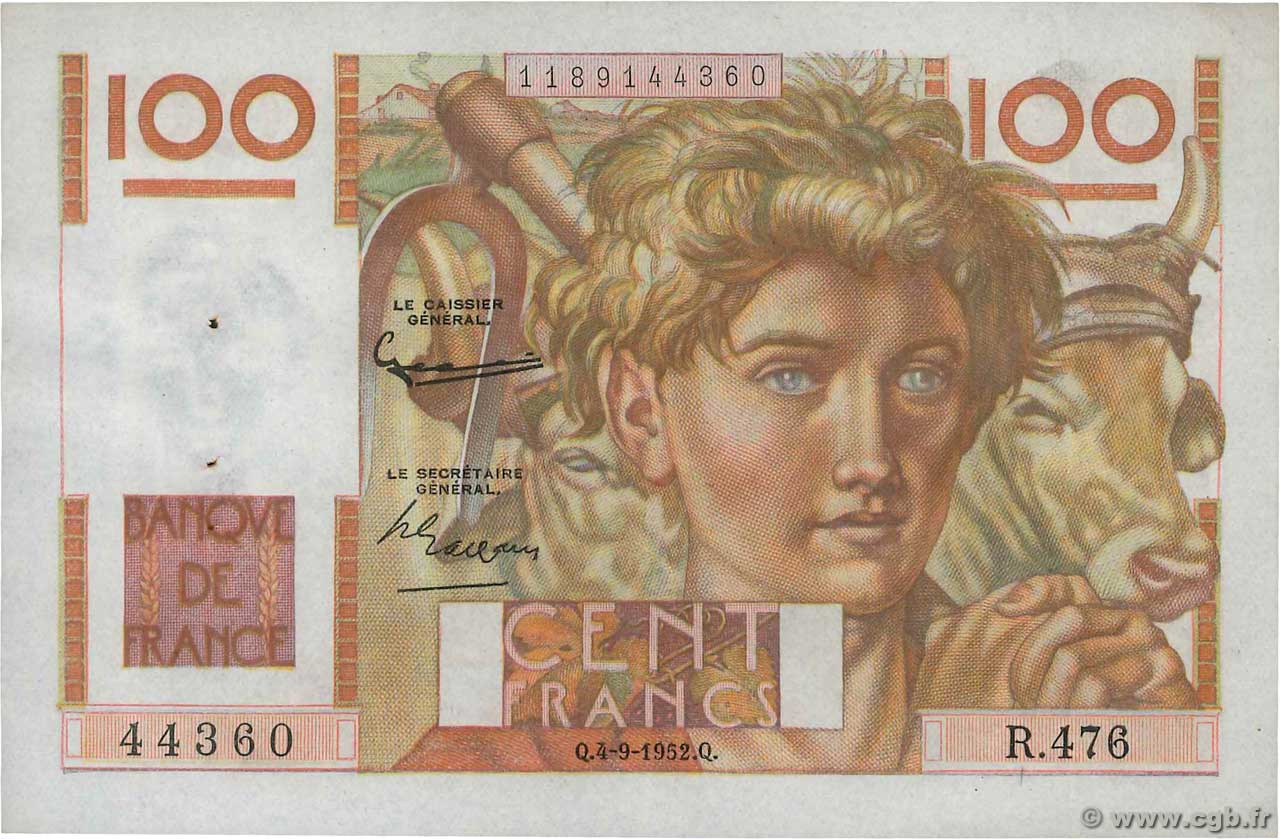 100 Francs JEUNE PAYSAN FRANCE  1952 F.28.33 XF-