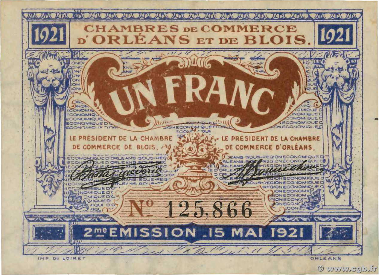 1 Franc FRANCE Regionalismus und verschiedenen Orléans et Blois 1921 JP.096.07 SS