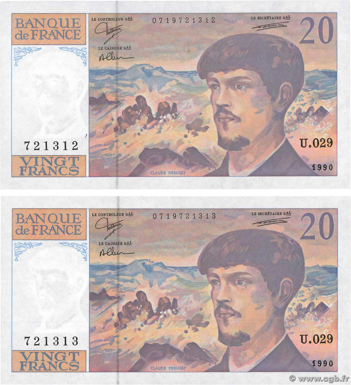 20 Francs DEBUSSY à fil de sécurité Consécutifs FRANCE 1990 F.66bis.01 pr.NEUF