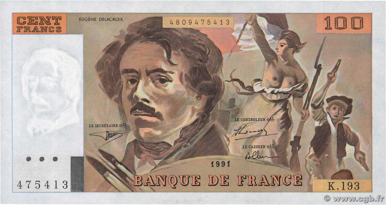 100 Francs DELACROIX imprimé en continu FRANCE 1991 F.69bis.04a pr.NEUF