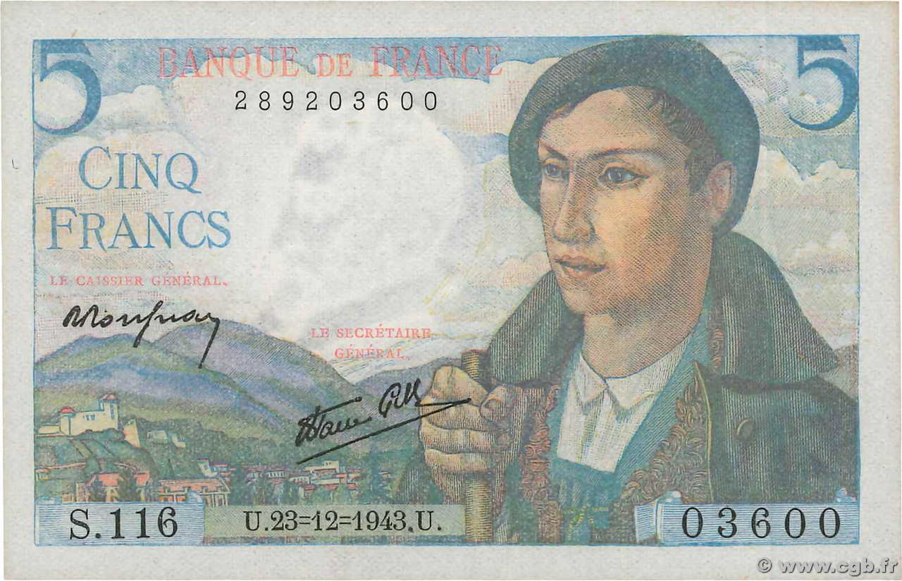 5 Francs BERGER FRANCE 1943 F.05.05 NEUF