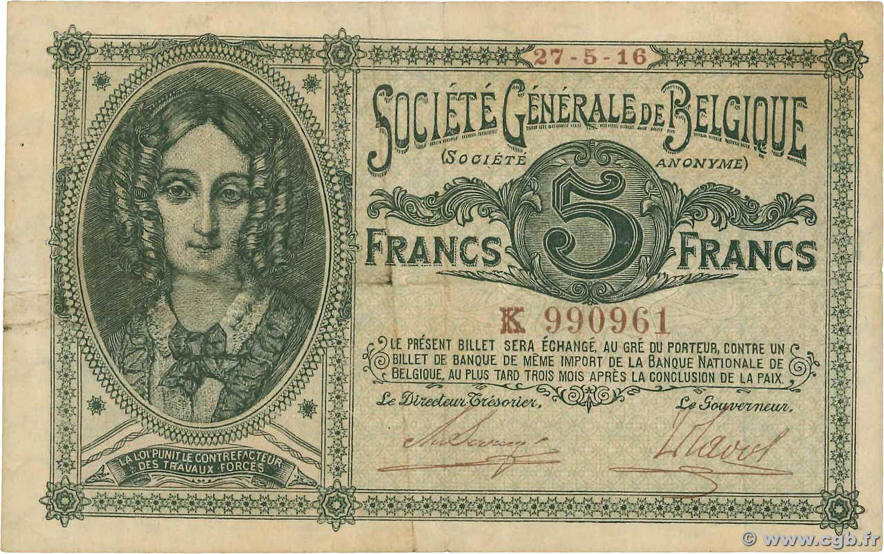 5 Francs BELGIUM 1916 P.088 F+