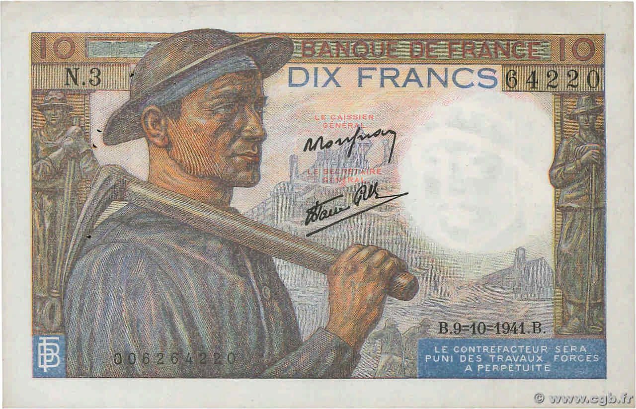 10 Francs MINEUR FRANCE 1941 F.08.02 VF