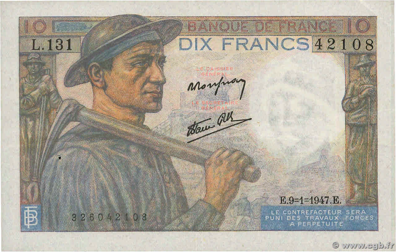 10 Francs MINEUR FRANCE 1947 F.08.17 VF