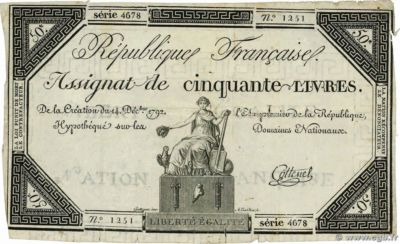 50 Livres FRANCE 1792 Ass.39a VG