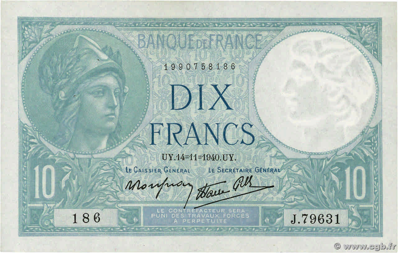 10 Francs MINERVE modifié FRANCE 1940 F.07.20 VF+