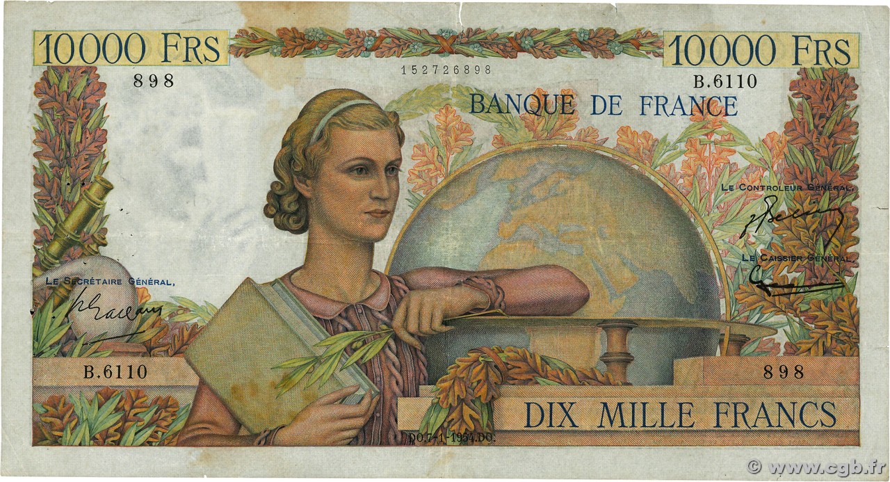 10000 Francs GÉNIE FRANÇAIS FRANCE  1954 F.50.69 B+