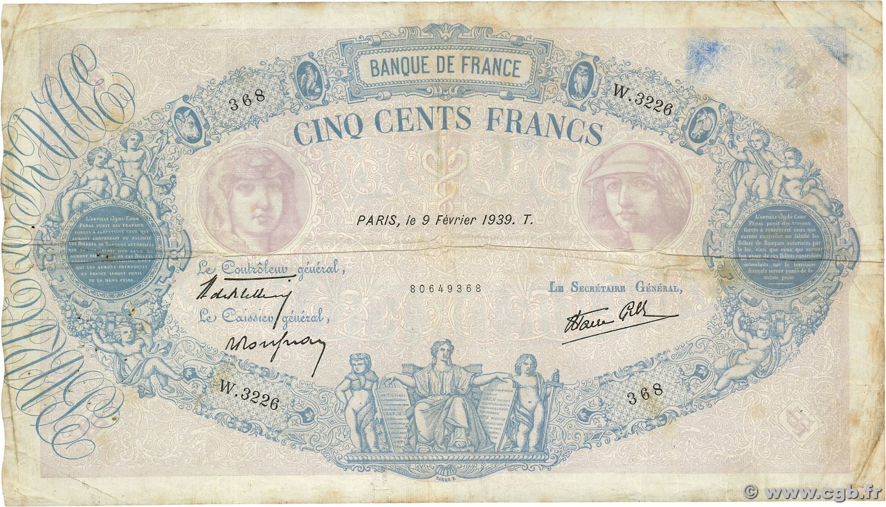 500 Francs BLEU ET ROSE modifié FRANCE  1939 F.31.25 B+