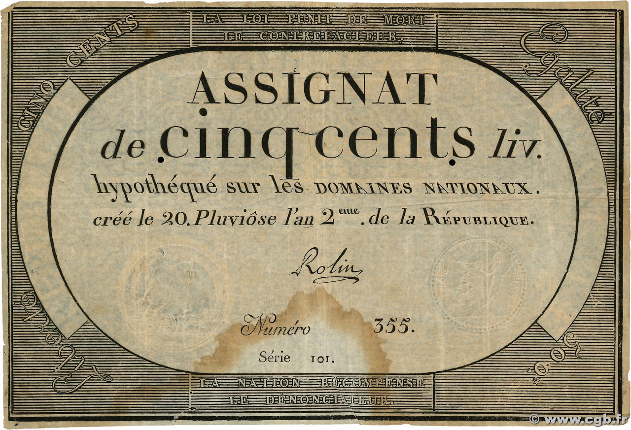 500 Livres FRANCE 1794 Ass.47a pr.TB