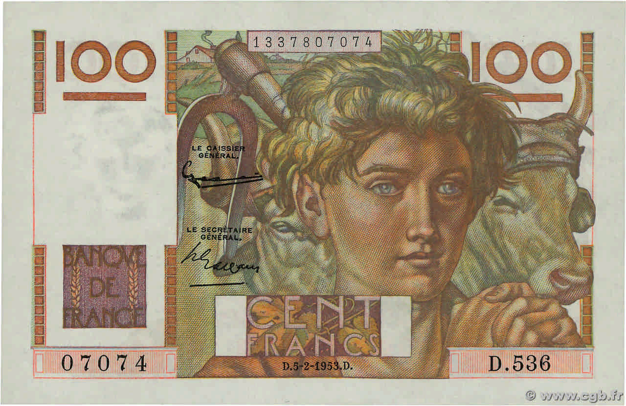 100 Francs JEUNE PAYSAN FRANCE 1953 F.28.36 XF