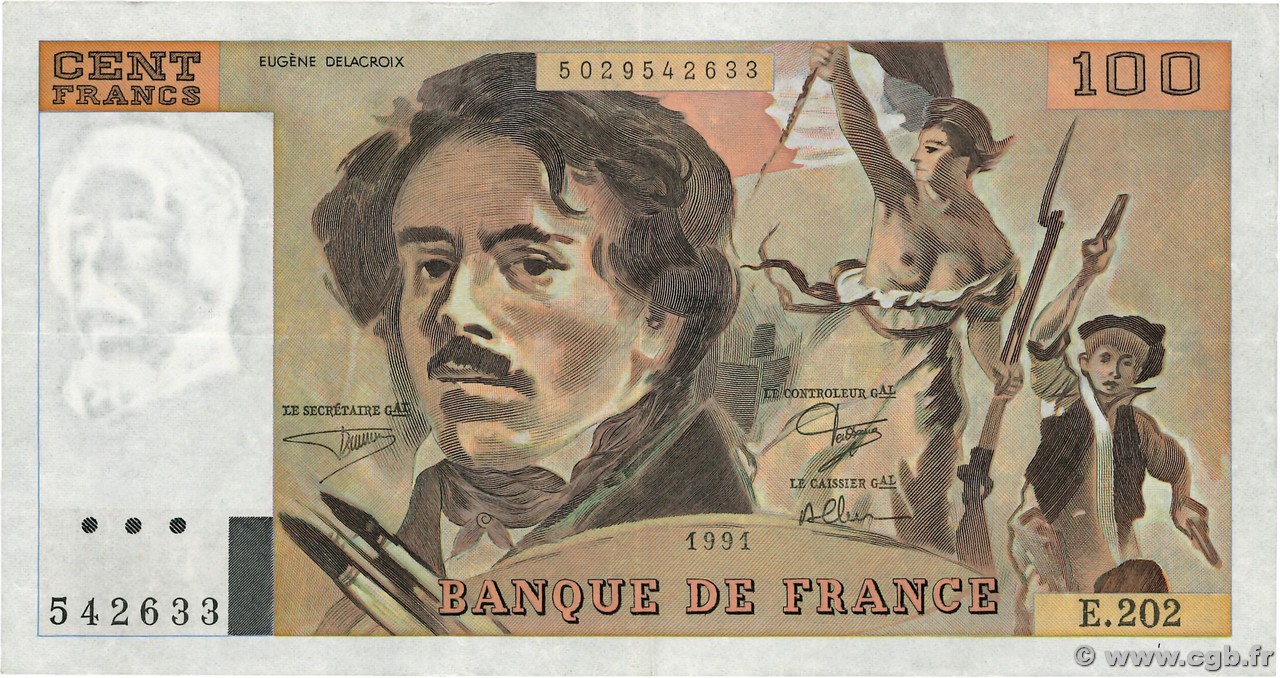 100 Francs DELACROIX imprimé en continu FRANCE  1991 F.69bis.03c1 pr.TTB