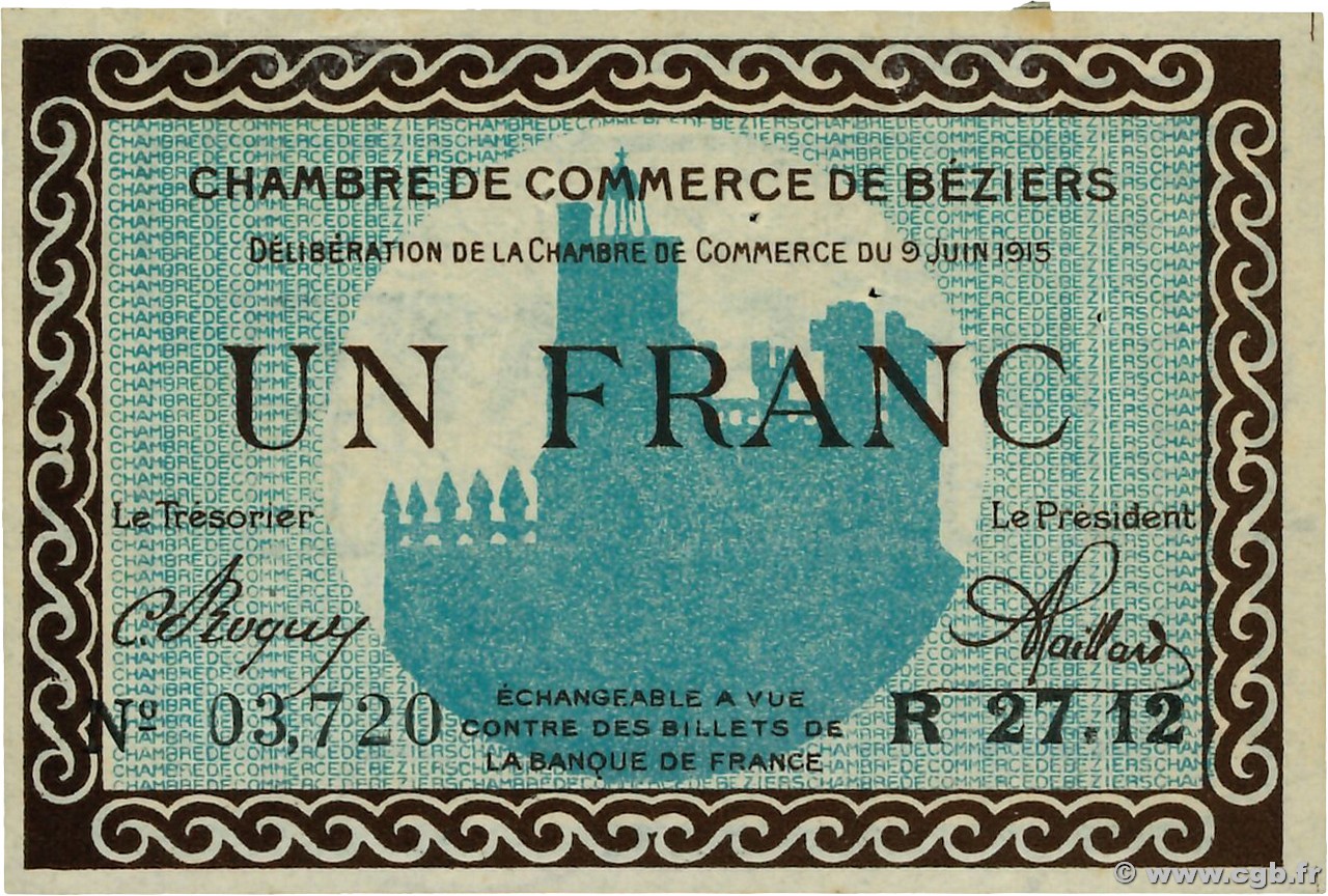 1 Franc FRANCE regionalism and miscellaneous Béziers 1915 JP.027.10 XF+