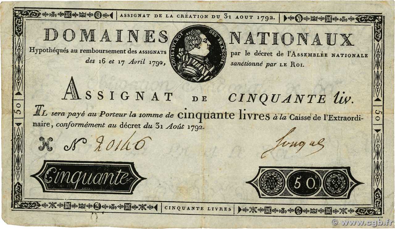 50 Livres FRANCE 1792 Ass.32a TB