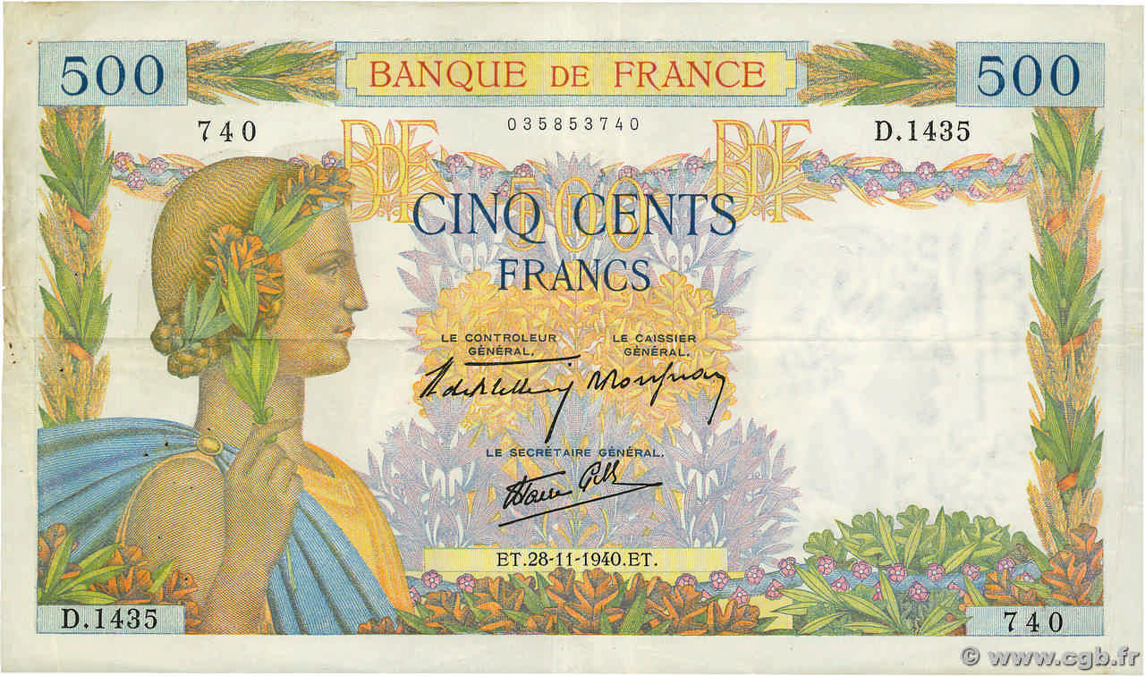 500 Francs LA PAIX FRANCE 1940 F.32.09 TB+