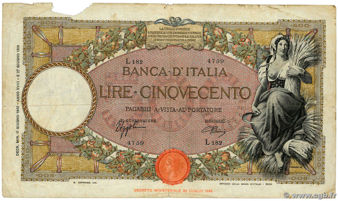 500 Lire ITALIE 1940 P.051d B