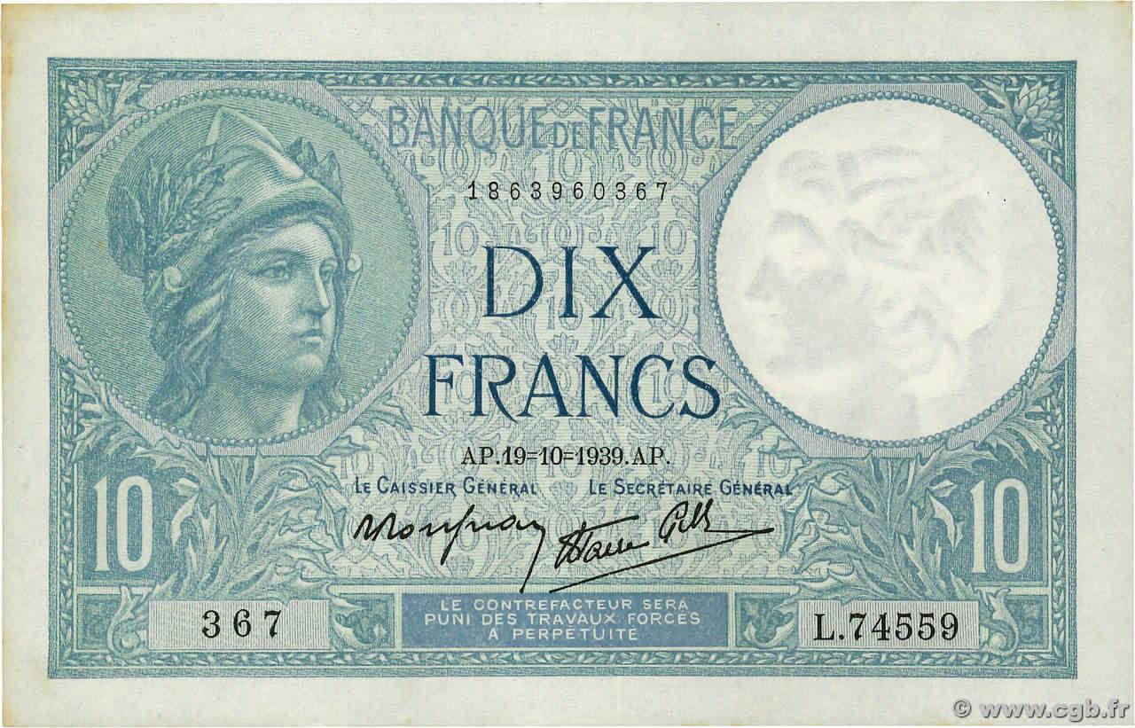 10 Francs MINERVE modifié FRANCE 1939 F.07.12 SUP