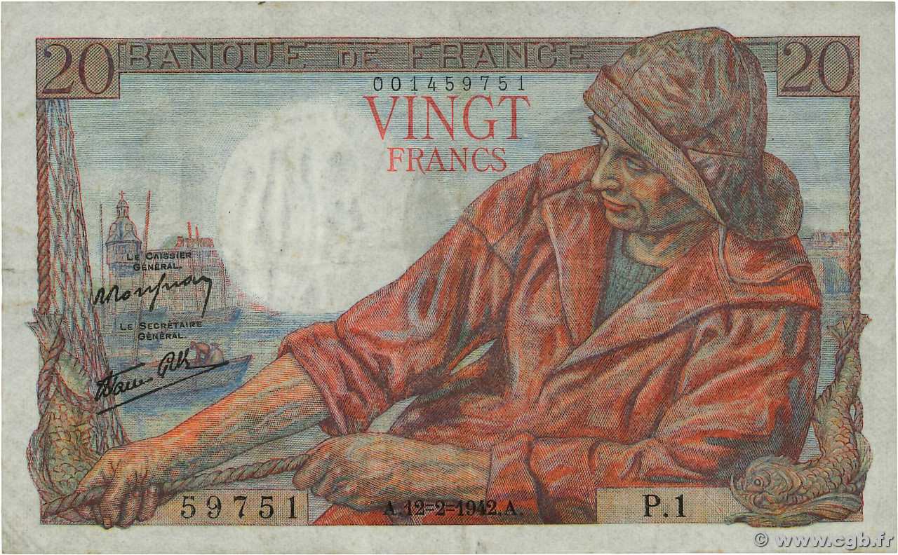 20 Francs PÊCHEUR FRANCE 1942 F.13.01 pr.TTB