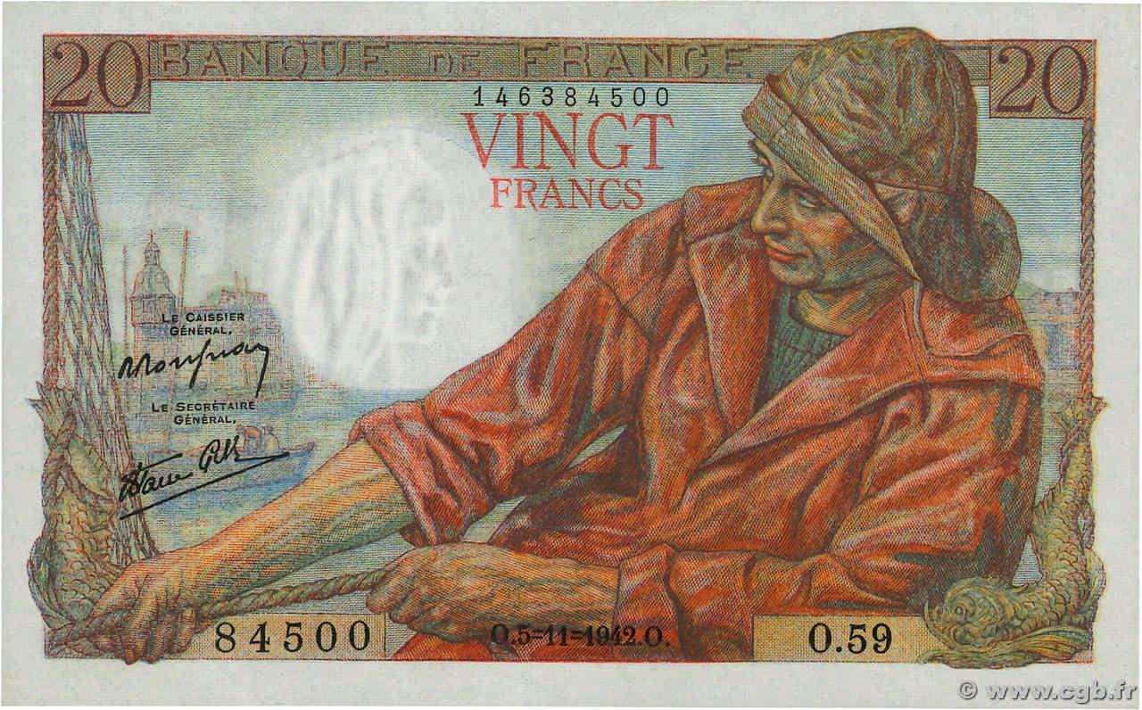 20 Francs PÊCHEUR FRANCE 1942 F.13.04 SPL