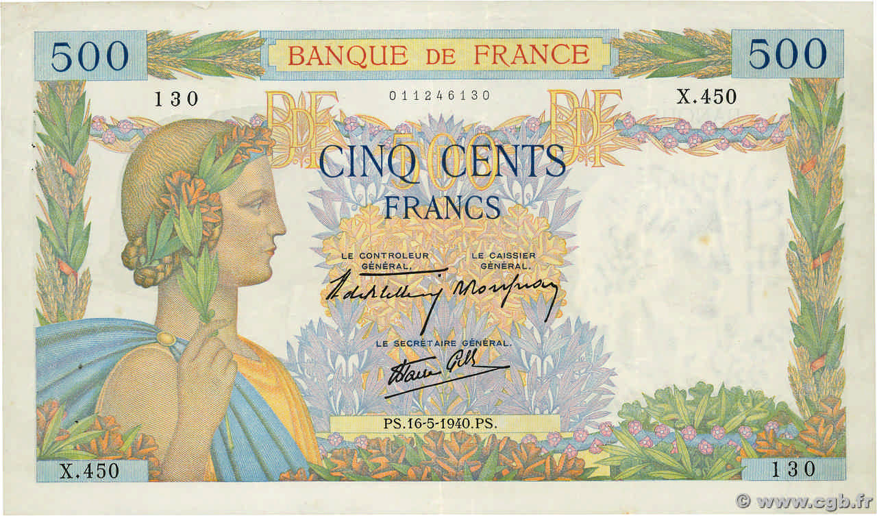 500 Francs LA PAIX FRANCE 1940 F.32.02 TTB+