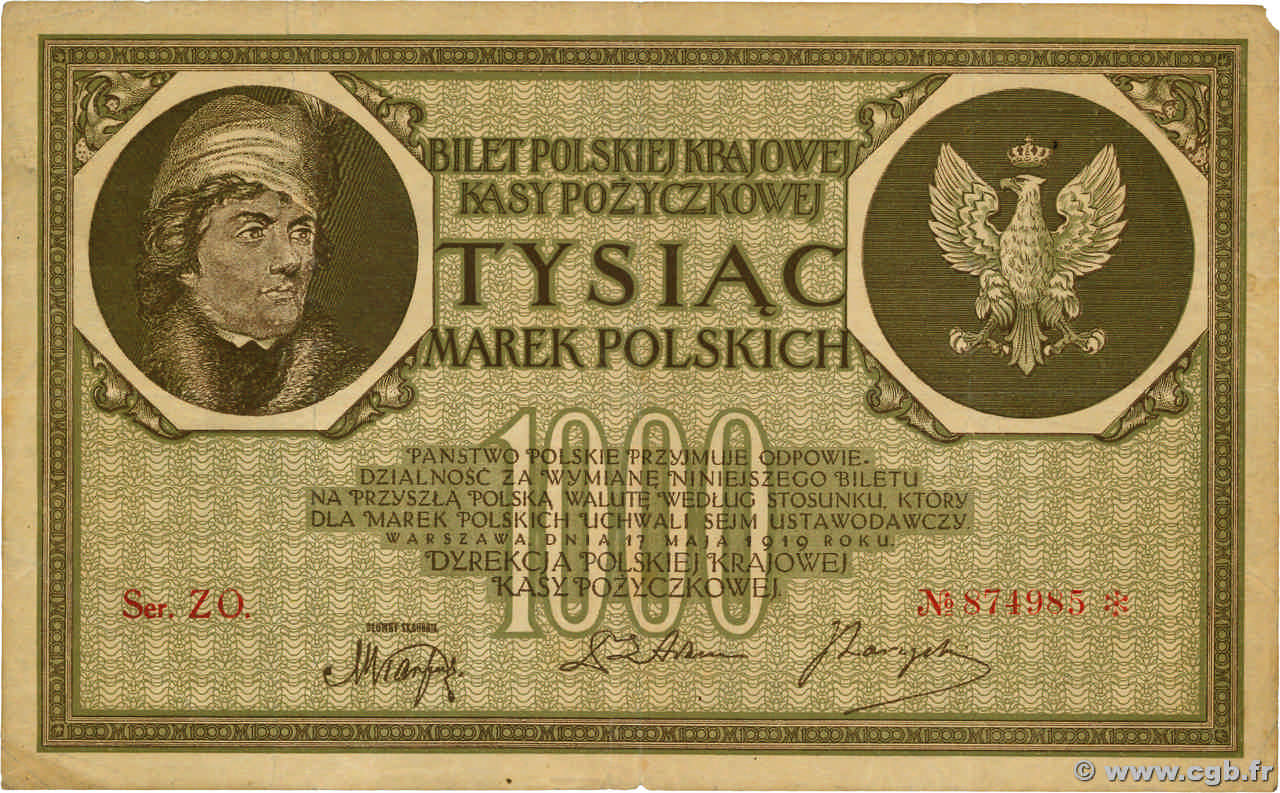 1000 Marek POLOGNE 1919 P.022d TB+