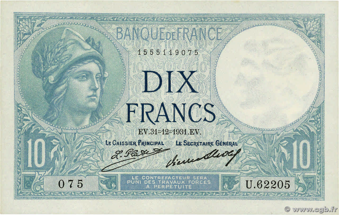 10 Francs MINERVE FRANCE 1931 F.06.15 SUP