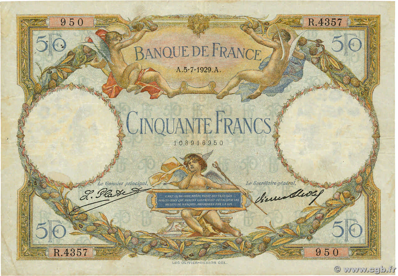 50 Francs LUC OLIVIER MERSON FRANCE 1929 F.15.03 TB+