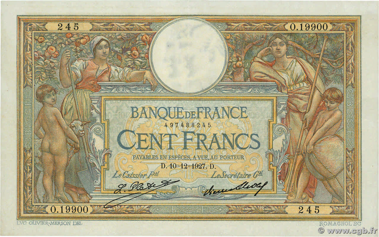 100 Francs LUC OLIVIER MERSON grands cartouches FRANCE 1927 F.24.06 XF