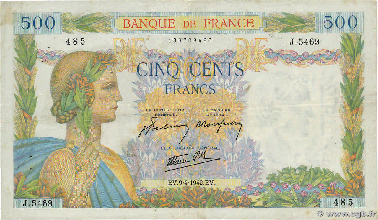 500 Francs LA PAIX FRANCE 1942 F.32.34 TB+