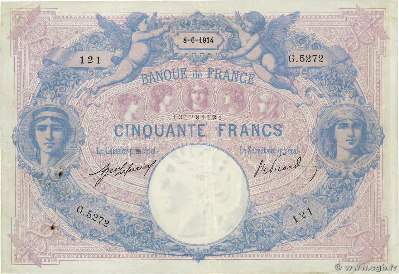 50 Francs BLEU ET ROSE FRANCE 1914 F.14.27 TB+
