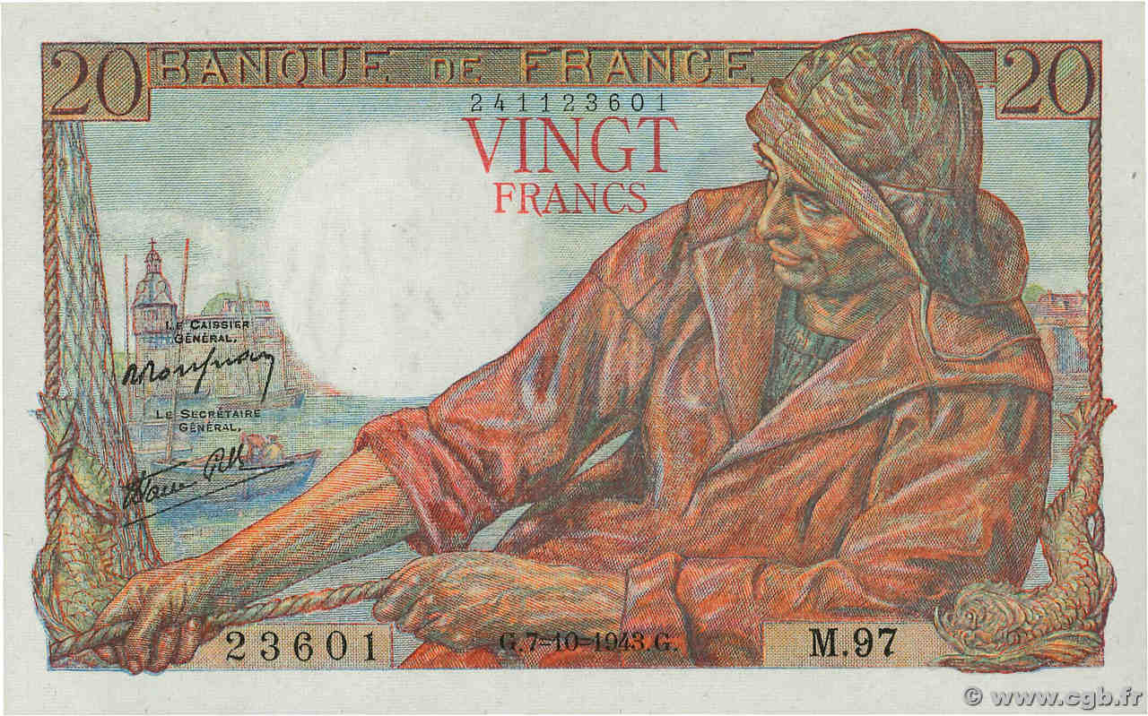 20 Francs PÊCHEUR FRANCE  1943 F.13.07 pr.NEUF