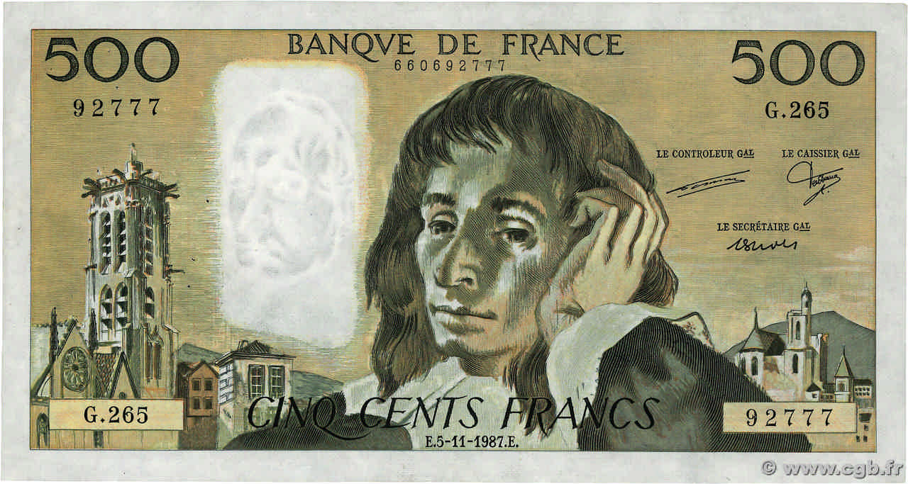 500 Francs PASCAL FRANKREICH 1987 F.71.37 SS