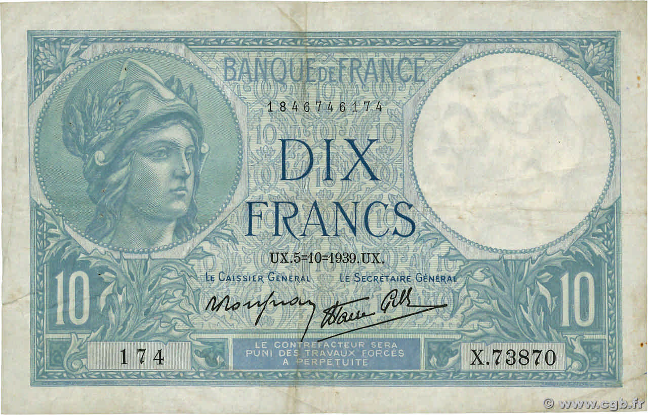 10 Francs MINERVE modifié FRANCE 1939 F.07.10 F