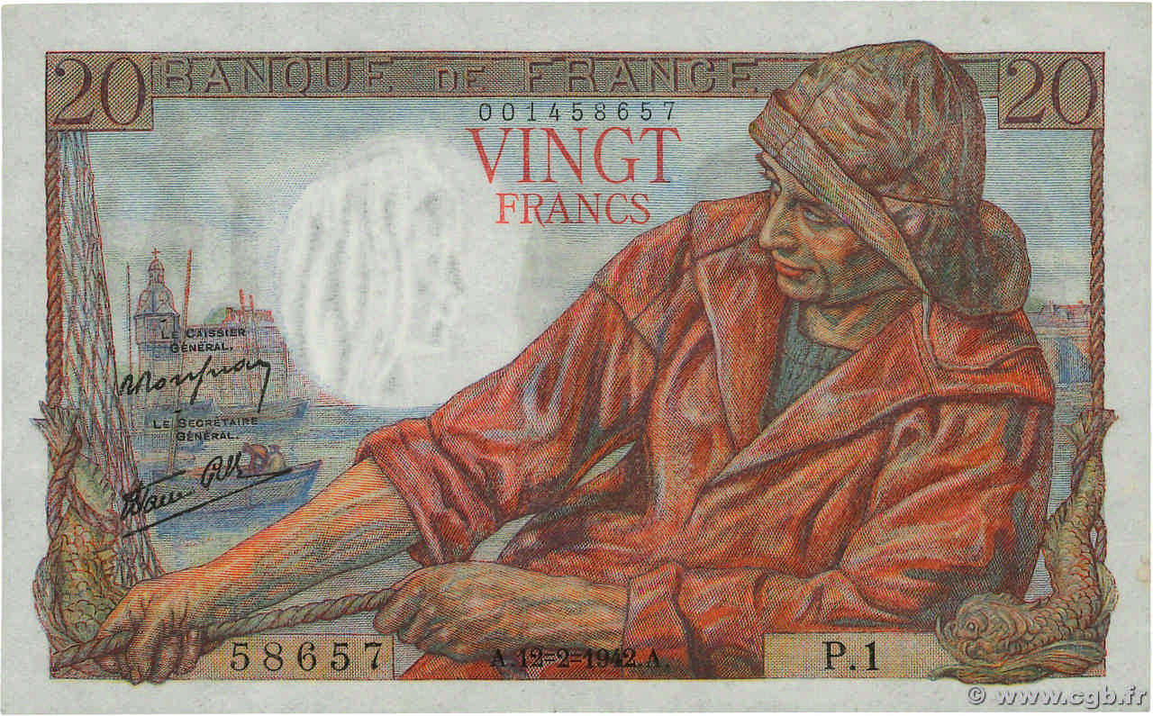 20 Francs PÊCHEUR FRANCE 1942 F.13.01 SUP