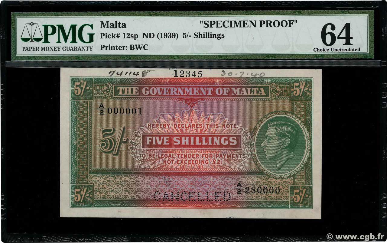 5 Shillings Annulé MALTA  1939 P.12s XF+