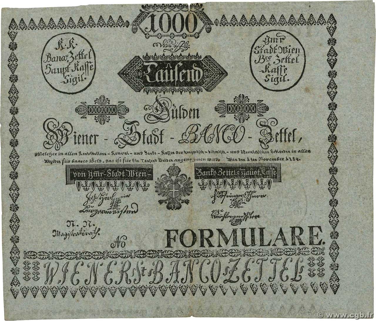 1000 Gulden FORMULAR AUTRICHE 1784 P.A021b TTB