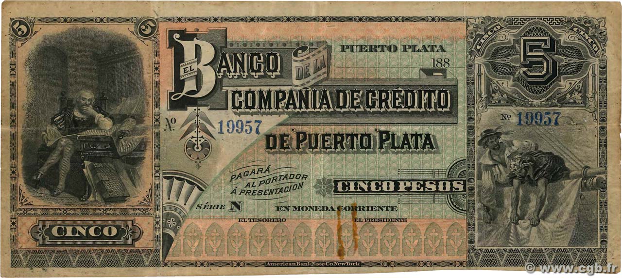 5 Pesos DOMINICAN REPUBLIC 1880 PS.105r F