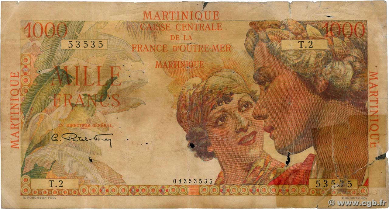 1000 Francs Union Française Numéro radar MARTINIQUE  1946 P.33 P