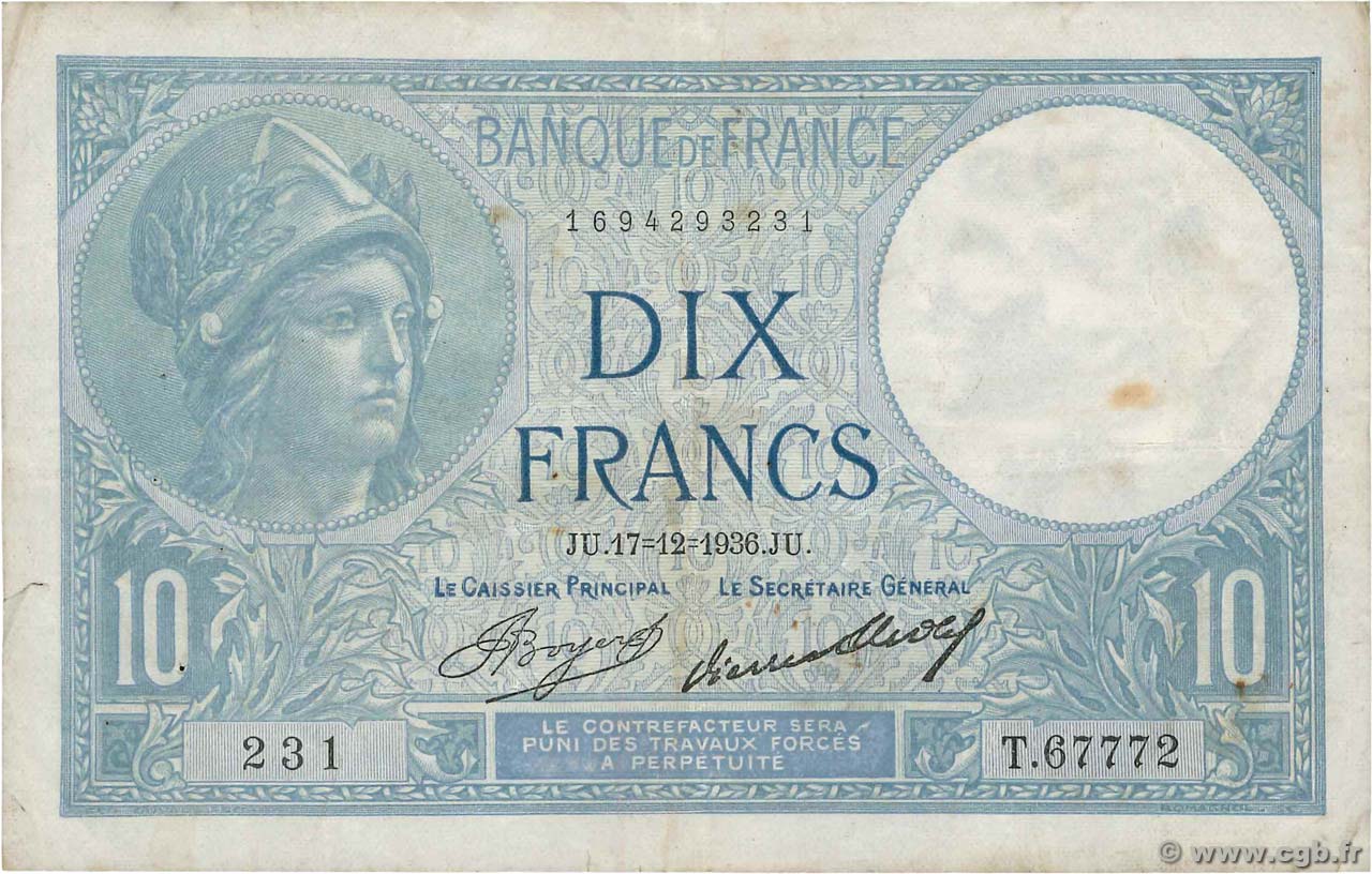 10 Francs MINERVE FRANCE 1936 F.06.17 TB