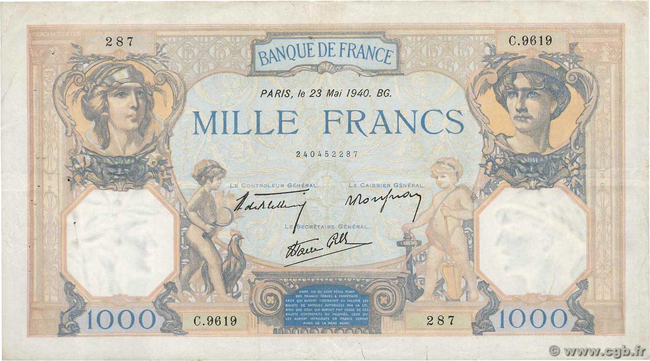 1000 Francs CÉRÈS ET MERCURE type modifié FRANCE  1940 F.38.47 pr.TTB