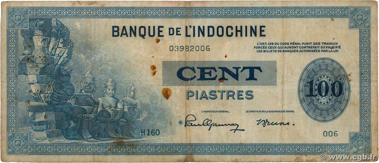 100 Piastres FRENCH INDOCHINA  1945 P.078a VG