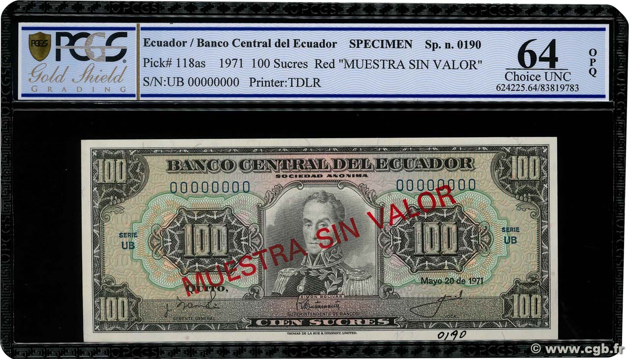 100 Sucres Spécimen ECUADOR  1971 P.118s UNC