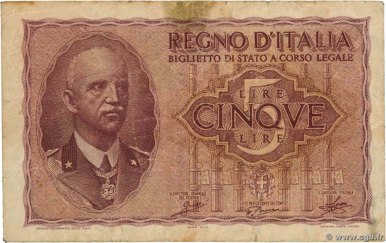 5 Lire ITALIE  1944 P.028 pr.TB
