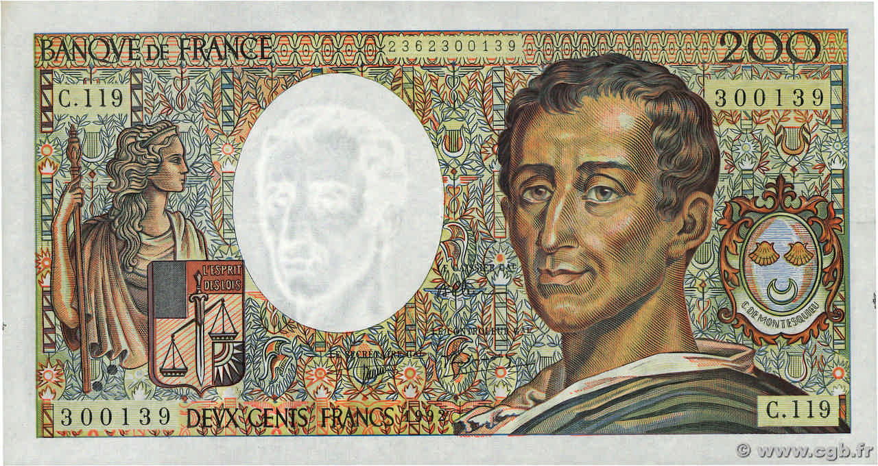 200 Francs MONTESQUIEU FRANCE 1992 F.70.12b SUP