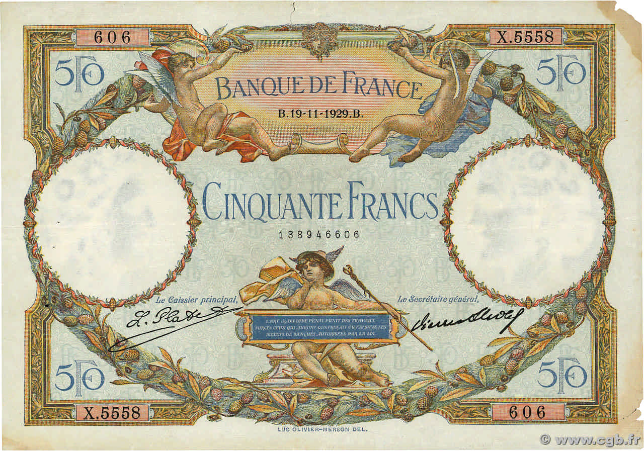 50 Francs LUC OLIVIER MERSON FRANCE 1929 F.15.03 TB+